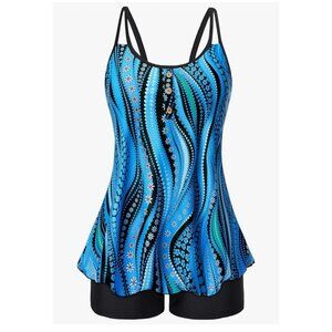 Yonique Womens Large Blue Tankini Swimsuit With Adjustable Straps & Boyshorts